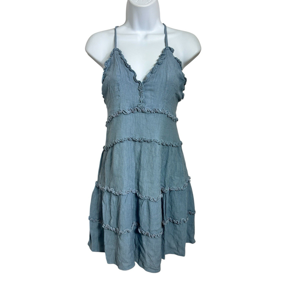 Fashion Nova Blue Angie Mini Dress Sz M Adjustable Spaghetti Straps Ruffle Trim - Picture 7 of 11